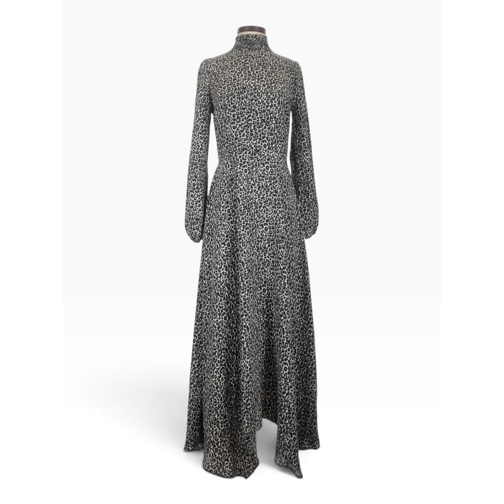 Halston Leopard Print Mock Neck Smocked Maxi Dress Long Sleeve Size 2